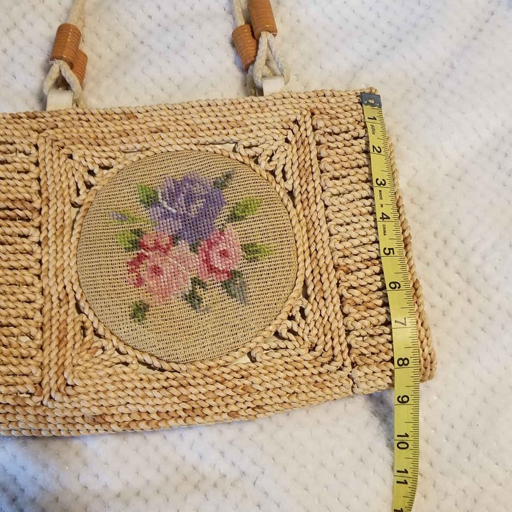 Vintage Heiress straw woven tan shoulder floral bag wn - Picture 6 of 14